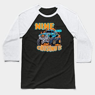 Nine Birthday Boy's Monster Truck Racing B-day Gift For Kids Tollder Baseball T-Shirt